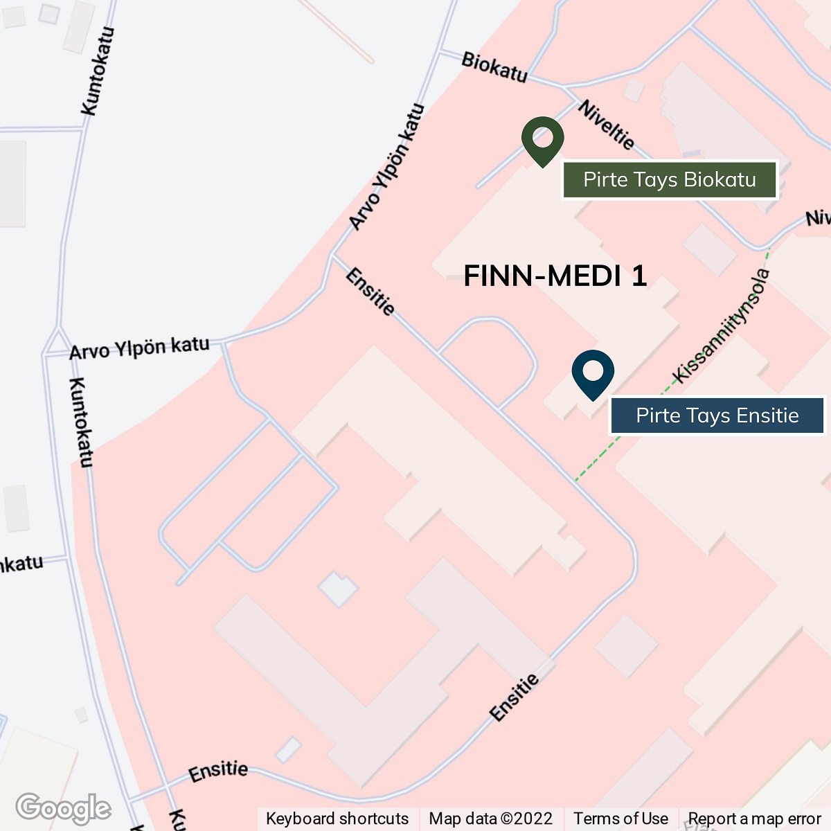 Kuvassa kartta, joka kuvaa kuinka Pirte Tays Ensitie -toimipiste sijaitsee Finn-Medi 1 -rakennuksen yhdellä kulmalla Acutan naapurissa ja Pirte Tays Biokatu taas rakennuksen vastakkaisella kulmalla Arvo Ylpön kadun ja Biokadun kulmassa.