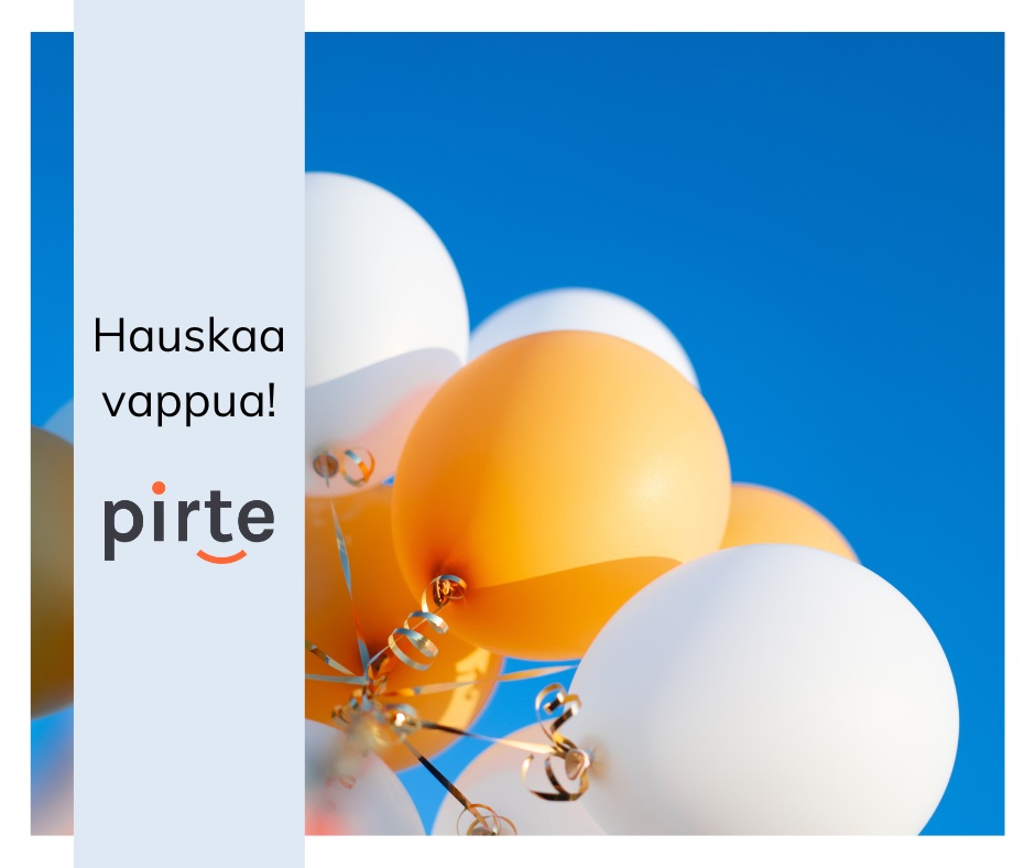 Pirten vapun poikkeusaukiolot löydät verkkosivuiltamme. Kuvassa vappukortti, jossa on valkoisia ja oransseja ilmapalloja kirkkaansininen taivas taustanaan.