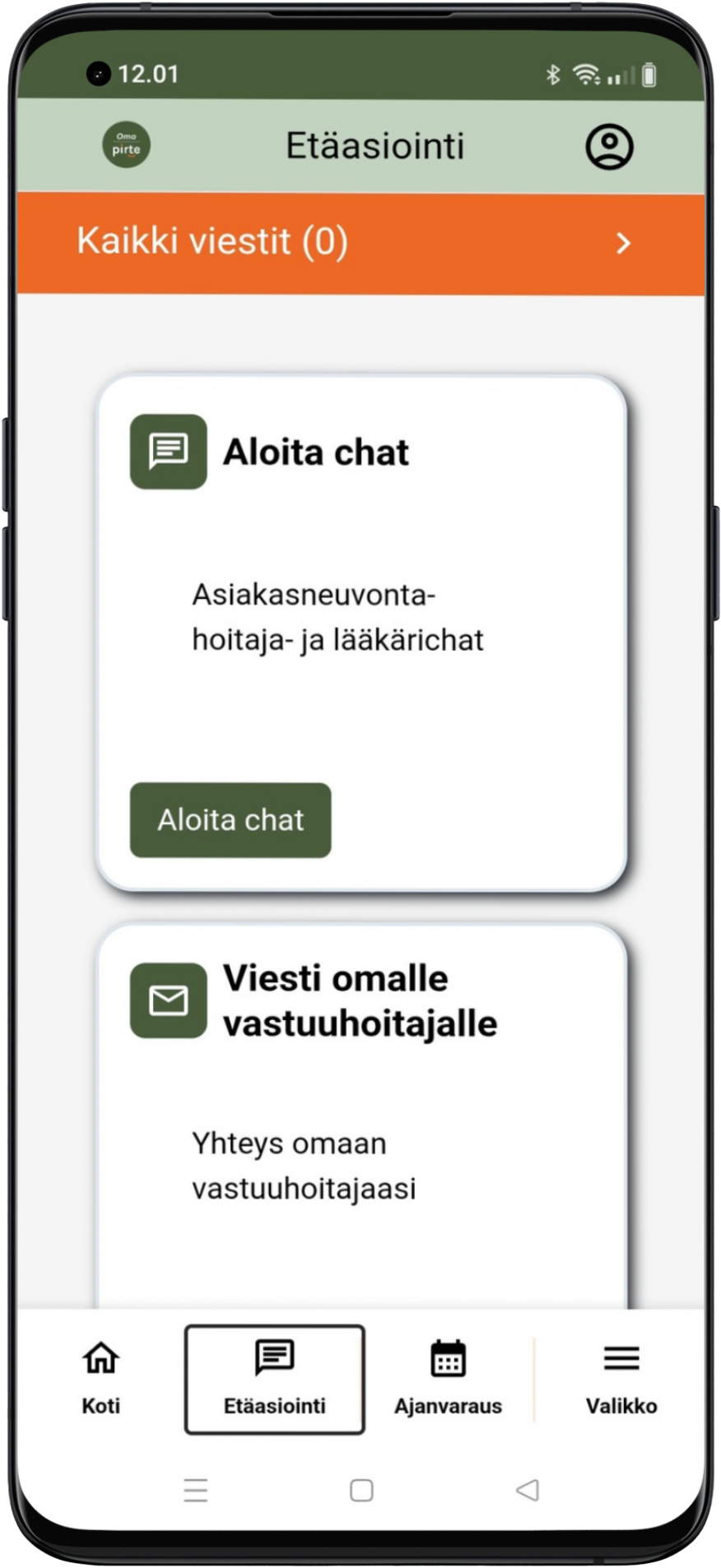 OmaPirte_aloitachat OmaPirten hoitaja- ja lääkärichatin löydät Etäasiointi -osion alta.