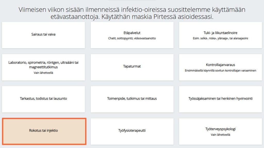 Kuvassa ympyröitynä oikea valinta influenssarokotuksen varaamiseen työterveysasiakkaan verkkoajanvarauksemme kautta.