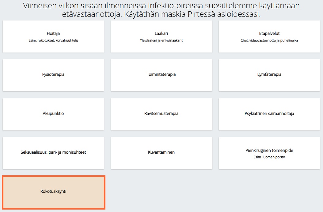 Kuvakaappaus Pirten verkkoajanvarauksestayksityisasiakkaana, jossa on valittuna rokotuskäynti.
