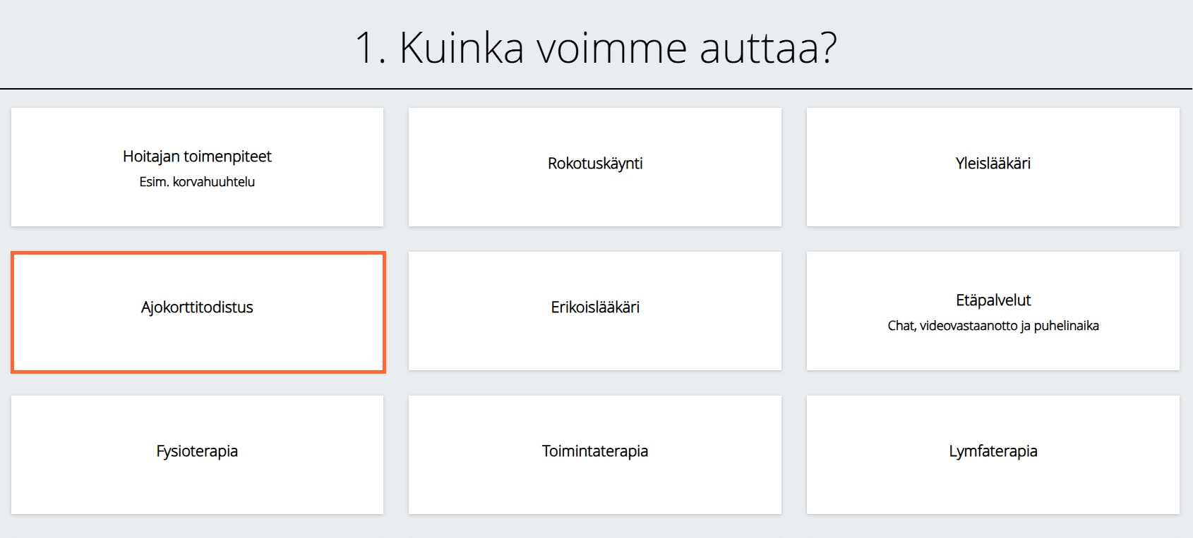Varataksesi ajan lääkärille ajokorttitodistusta varten, valitse Pirten verkkoajanvarauksesta 'Yksityisasiakas' ja sitten 'Ajokorttitodistus'.